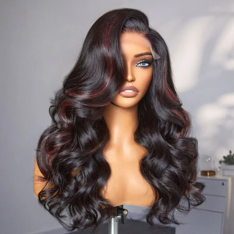 Dark red highlights 5x5 closure lace wig by with loose wave style, glueless design, ready to wear, US only