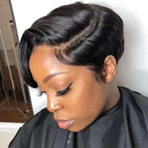 short pixie cut lace wig with pre-styled, glueless HD lace, showcasing its sleek, modern hairstyle and natural hairline.