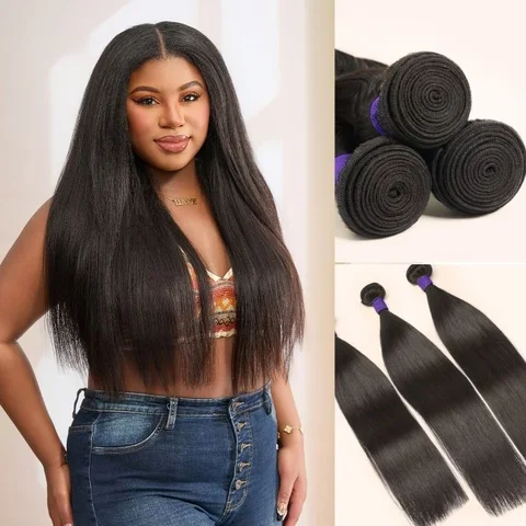 Too Easy Texture Yaki Straight 100% Virgin Human Hair bundle, natural straight hairstyle, close-up view of hair strands