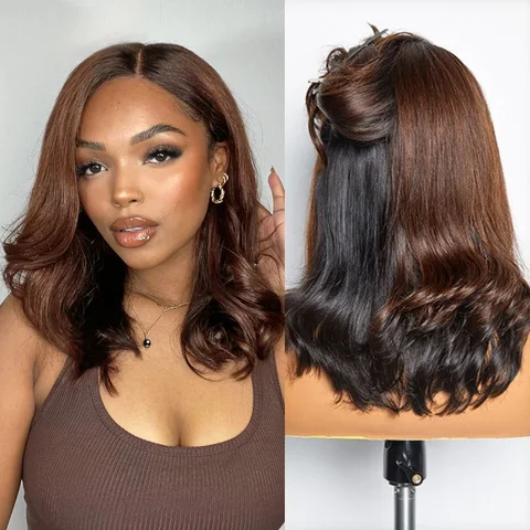 brown and black peekaboo loose body wave 5x5 closure lace wig with glueless design on a model.
