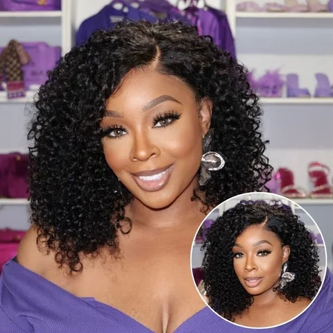 180% density curly lace front wig with face-framing style, glueless, ear-to-ear lace, and pre-cut human hair for a trendy look.