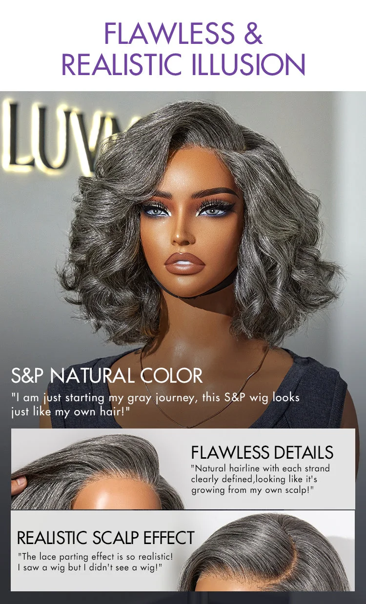 Elegant Salt & Pepper Grey Wig Loose Body Wave Glueless Minimalist Lace Short Wig Pre-Cut Lace-19