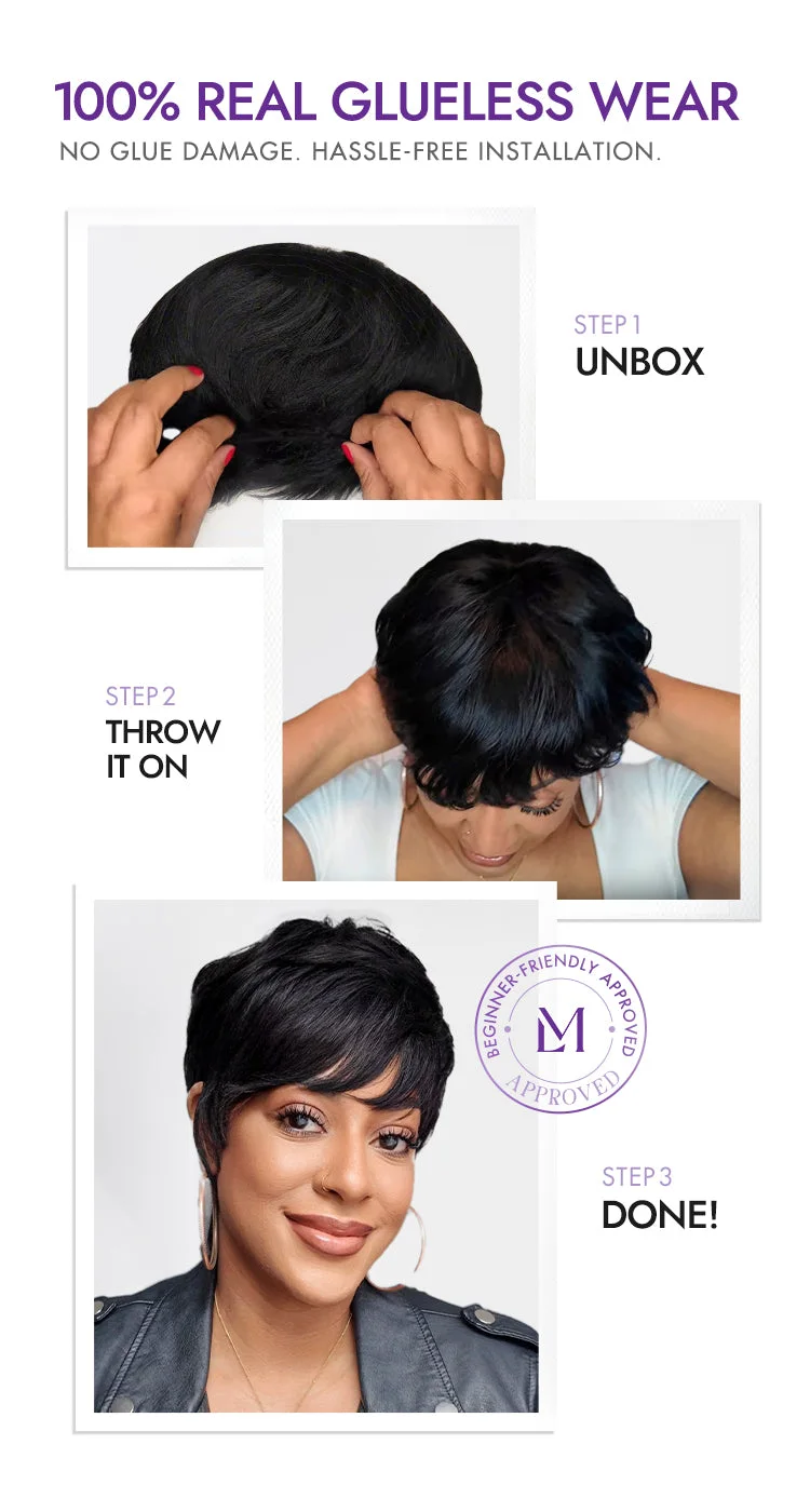 New Customers Only | Throw On & Go Short Cut with Bangs Wig Ultra Comfort Cotton Cap Glueless Wig Hair Loss Friendly - US Only-17