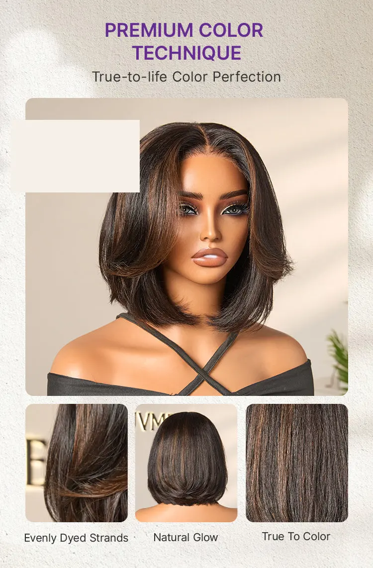 Brown Highlight Silky Short Bob Wig Layered Cut Human Hair Glueless 5x5 Closure Pre-Cut Lace Wig-13