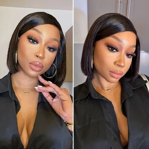 5x5 closure wig featuring silky straight, breathable cap with swoop bangs and deep left C part, glueless lace bob style