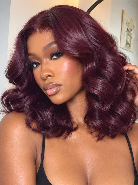 Dark Plum 99J Color Wig Loose Wave Minimalist HD Lace Glueless Mid Part Short Wig Pre-cut Lace-16