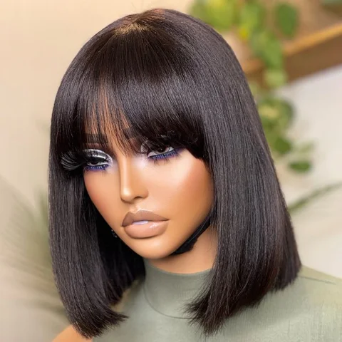 glueless Yaki straight bob lace wig with bangs, realistic 100% human hair, easy to wear, minimalistic design.
