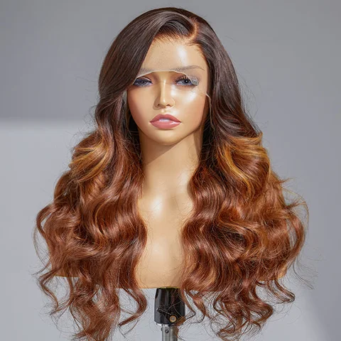 Amanda Honey Brown 13x4 Frontal Lace Side Part Wig with long, natural-looking hair and adjustable cap sizes.