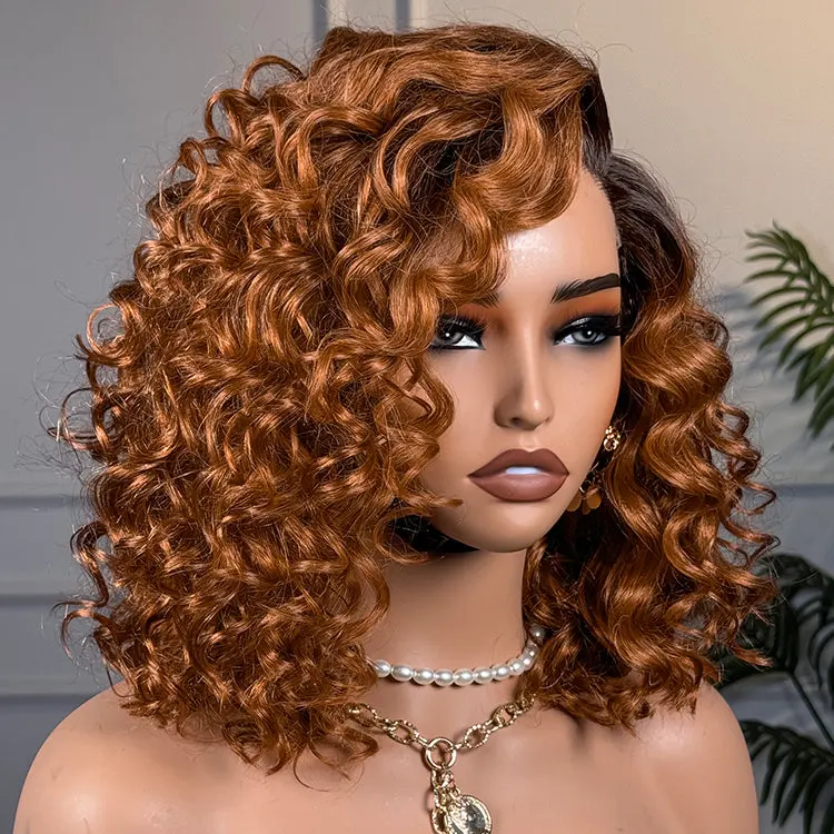 Ginger Ombre Bouncy Curly Glueless HD Lace Short Wig made of 100% human hair with a minimalist design.