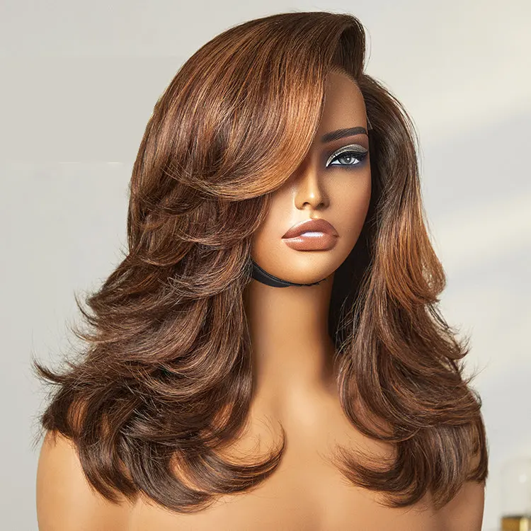 butterfly haircut minimal lace wig with brown highlights, shoulder-length, glueless, natural HD lace for effortless style