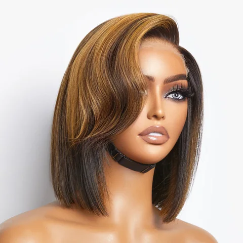 5x5 closure wig with ombre highlights, HD lace, bob style, available in large and small cap sizes, natural hair appearance.