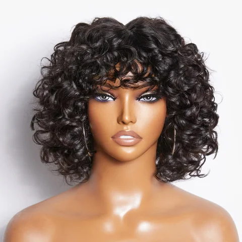 lightweight short water wave lace wig with curly bangs, minimalist design, natural hair texture, and lace front construction.