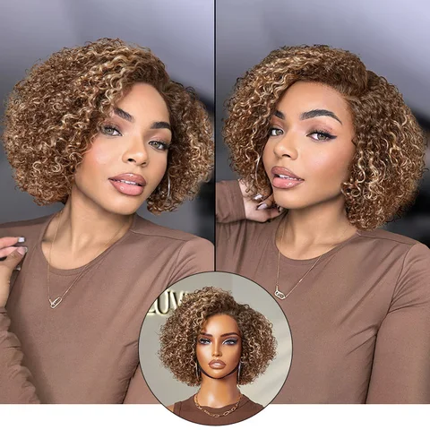 ash blonde highlight short kinky curly wig with pre-cut HD lace, ideal for beginners and minimalist style.