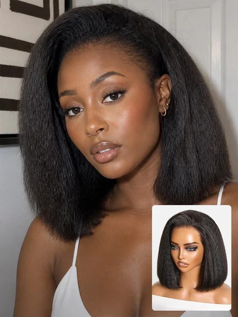 3-in-1 kinky straight bob wig with 180% density, glueless, flexi-fit drawstring style on a mannequin head
