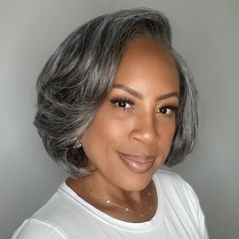 Boss Vibe salt and pepper layered bob wig with body wave texture and glueless lace, minimalistic grey pre-cut wig