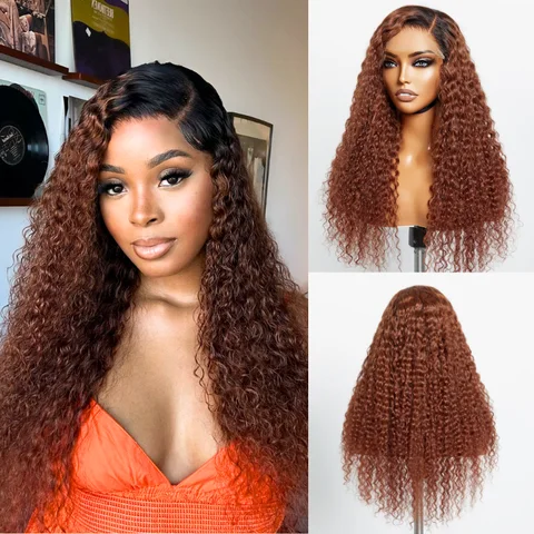 reddish brown ombre water wave 5x5 closure lace wig with pre-bleached knots, glueless design, natural hairline and parting.
