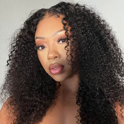 Kinky Curly 5x5 Closure Lace Wig with long, full curly hair ready to wear, glueless design for natural look.