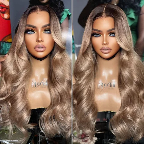 Ash blonde glueless lace wig with 5x5 closure, breathable cap, by , styled to showcase its natural hair texture.