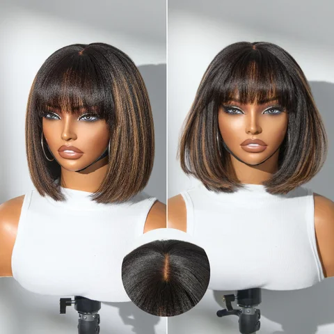 Put On and Go brown highlight Yaki bob wig with bangs, glueless lace, breathable cap, minimalistic style.