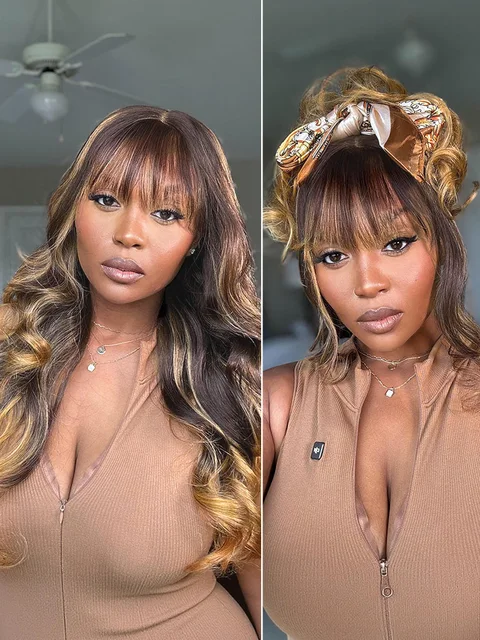 All-Day Comfort™ wig with loose body wave, ombre blonde highlights, bangs, 7x6 HD lace closure, human hair, glueless style