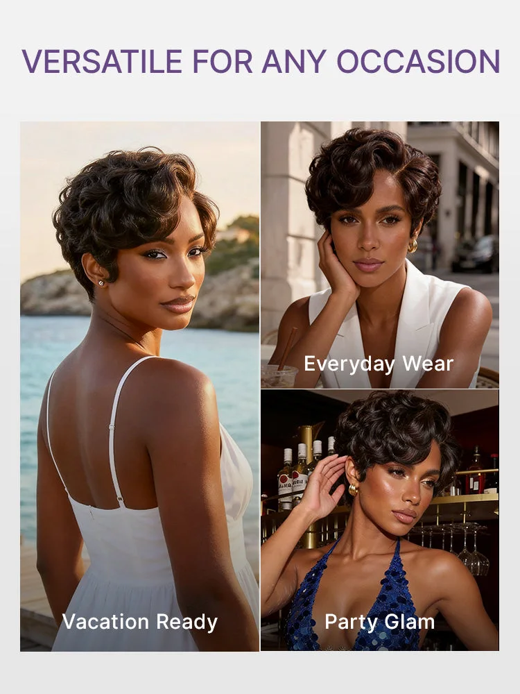 New Customers Only | Beginner Friendly Natural Black Lightweight Roll Curl Glueless Minimalist HD Lace Short Pixie Cut Wig Pre Cut Lace-15