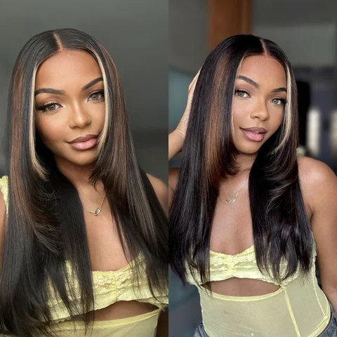 luxurious 5x5 closure wig with combo color highlights, silky layered cut, HD lace, glueless, natural look