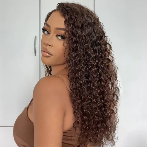 brown water wave 5x5 closure lace glueless long wig with middle part, 100% human hair, natural wave style.