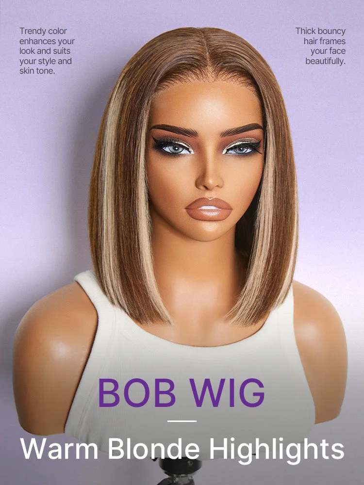 Ash Blonde Highlight Glueless 5x5 HD Closure Lace Bob Wig Pre-Cut Lace Flexi-Fit Drawstring Cap-13