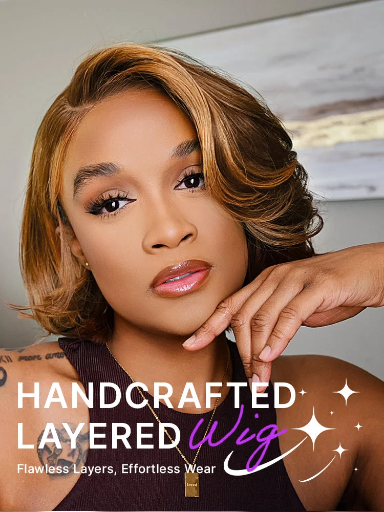 -Limited Design | Toffee Brown Mix Blonde / Natural Black Layered Cut Glueless 5x5 Closure Lace Bob Wig-16