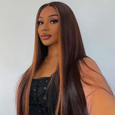 honey blonde highlight 5x5 closure lace wig with silky straight 100% human hair, glueless fit, natural-looking hairstyle