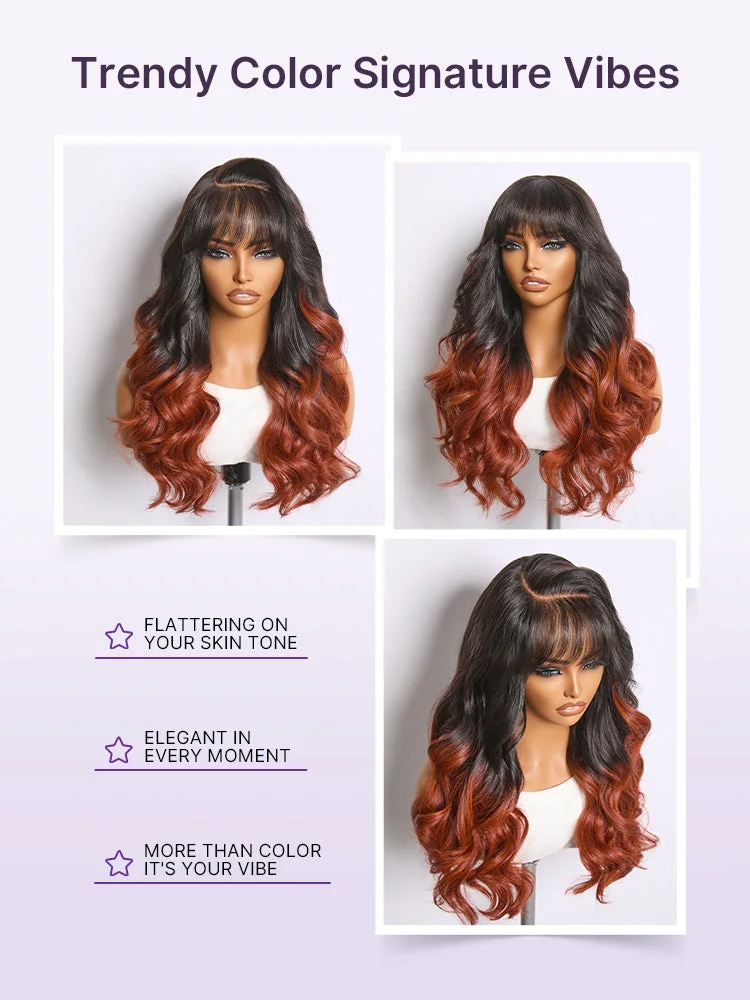 Ombre Reddish Brown Loose Wave Glueless 5x5 Closure Lace Wig with Bangs Pre-Cut Lace-11