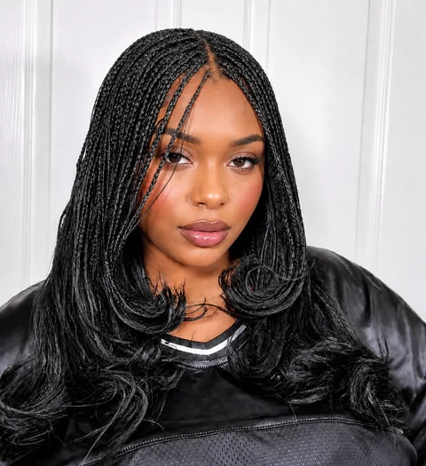 Natural black micro braids lace wig by , showcasing the glueless 5x5 lace closure with intricate micro braid details.