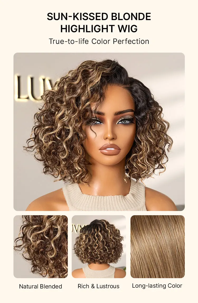 New Customers Only | Ready to Go Blonde Highlight / Natural Black Water Wave Short Curly Bob Wig Glueless Minimalist HD Lace Wig Pre-Cut Lace-23