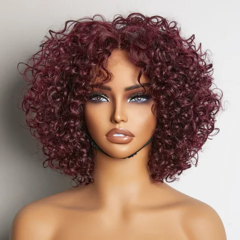 Trendy burgundy curly bob lace T-part wig by , made of 100% human hair, showcasing the stylish curly bob style.