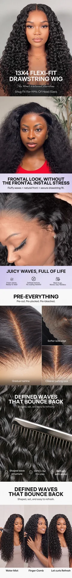 PreMax 180% Density Water Wave Glueless Flexi-Fit Drawstring 13x4 Frontal Lace Fluffy Curly Pre-Cut Lace Wig, 360-Like Design Allows Ponytail & Updo