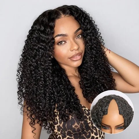 True Scalp Burmese Curly V Part Glueless Human Hair Wig with drawstring, flexible fit and natural curly texture.