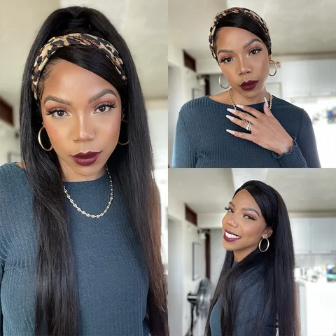 Ready to Go Classic Yaki Straight glueless headband wig with headband, natural hair look, suitable for beginners.