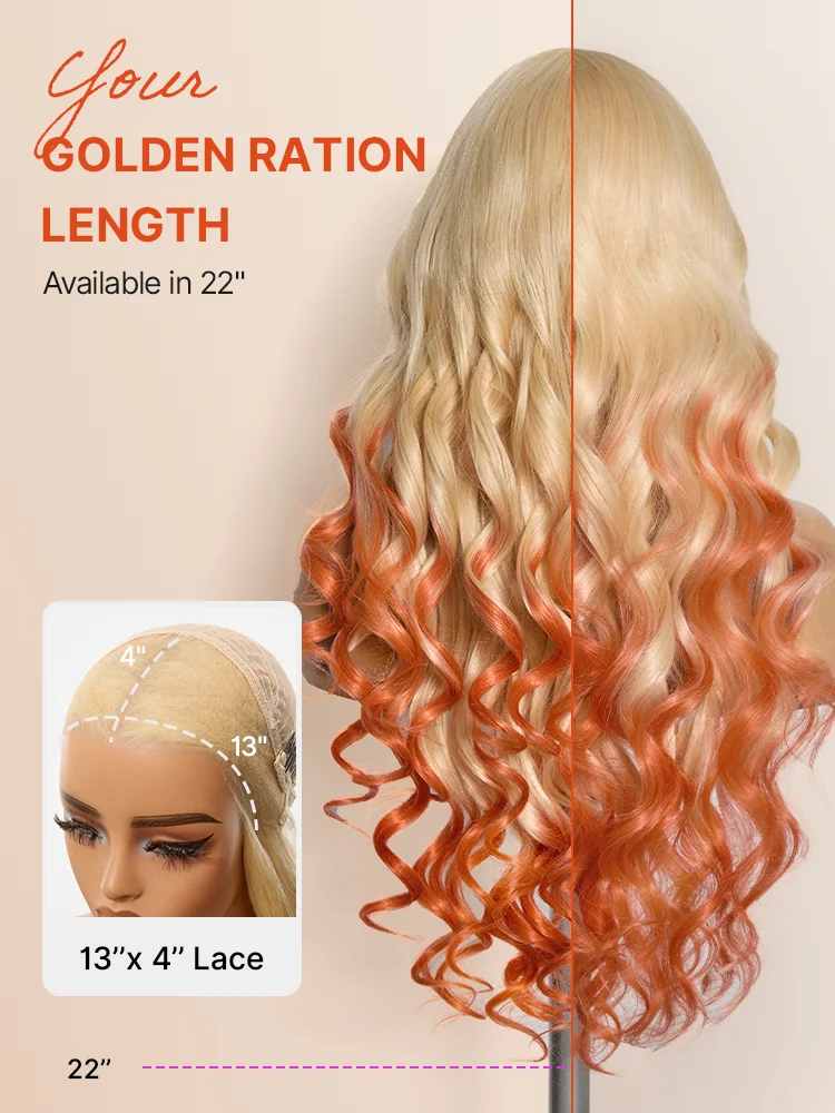 613 Blonde to Ginger Ombre Body Wave Glueless Ear-to-ear 13x4 HD Lace Front Wig Pre-Cut Lace Flexi-Fit Drawstring Cap-18