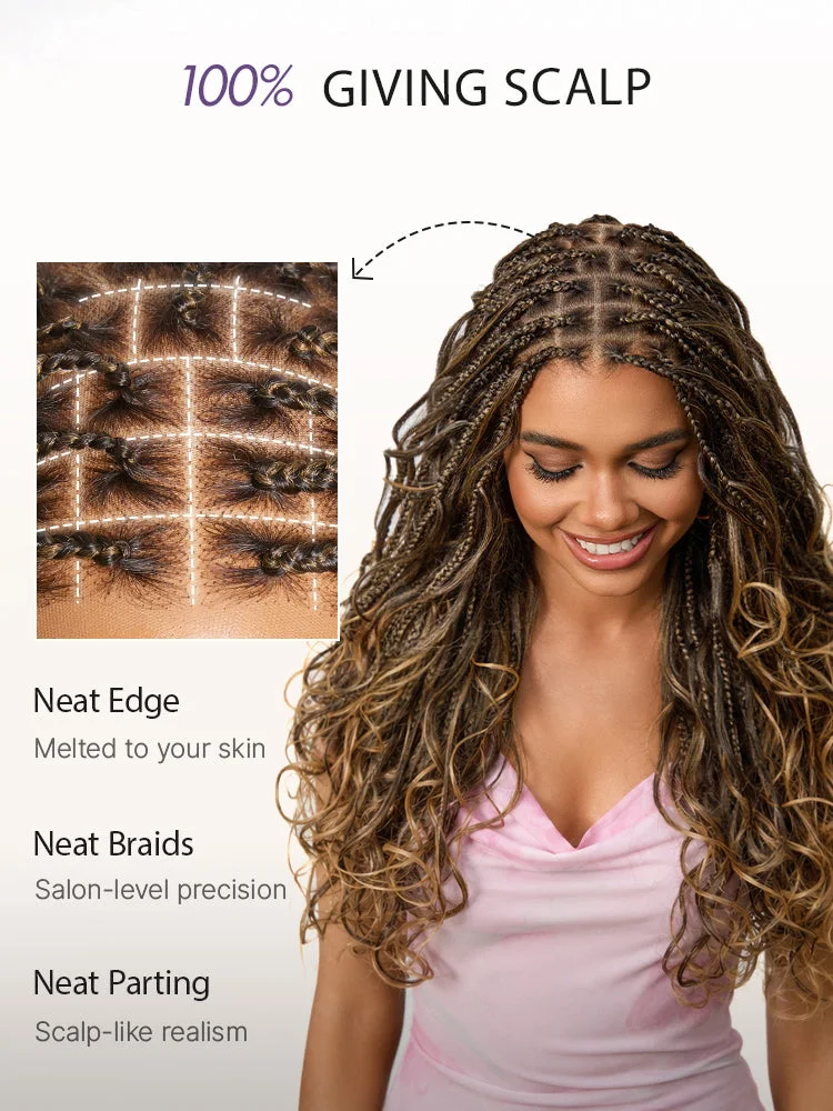 OwnScalp™Ombre Honey Blonde French Curl Knotless Boho Braids HD Full Lace Long Wig Flexi Fit Invisi Drawstring Cap - US Only-87