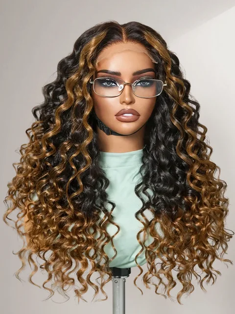 5x5 closure wig with long curly water wave style, fluffy brown ombre highlights, HD lace, breathable cap, glueless design