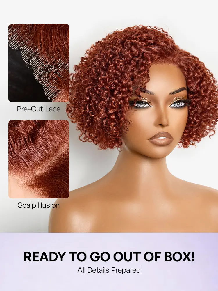 Trendy Copper Red Glueless Minimalist HD Lace Curly Bob Wig Pre-Cut Lace