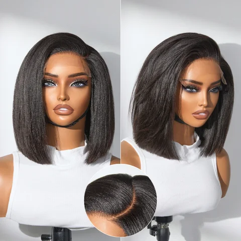 ultra natural glueless minimalist HD lace C-part bob wig in 100% human hair, showcasing sleek, classic, and chic hairstyle.