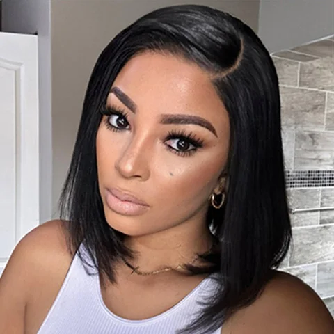 Put On & Go blunt cut straight bob minimalist lace wig with glueless C part design, natural hairline, and HD lace for a seamless look.