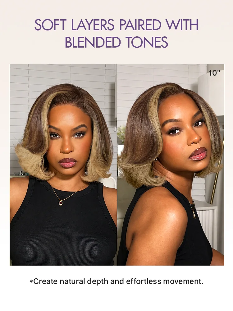 New Customers Only | Honey Blonde Face-Framing Highlights Blow Out Layered Cut Glueless 5x5 Closure Lace Bob Wig Pre-cut Lace