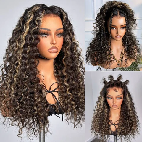 Blonde highlight water wave long curly wig by , snugfit glueless 5x5 lace closure, pre-cut lace, US only