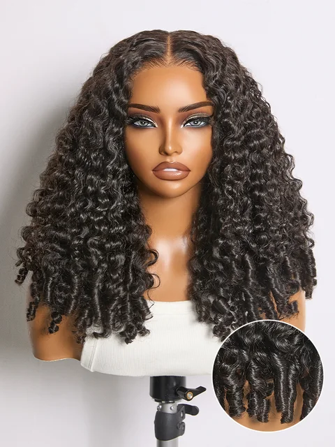 Burmese curly 5x5 lace closure wig with finger coil ends, glueless design and HD lace for natural look.