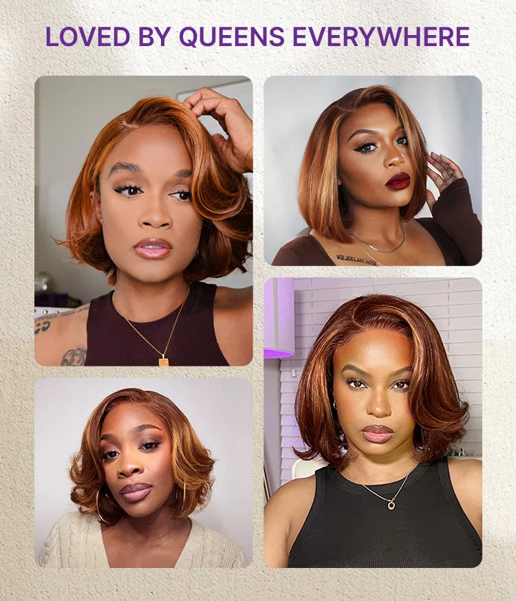 -Limited Design | Toffee Brown Mix Blonde / Natural Black Layered Cut Glueless 5x5 Closure Lace Bob Wig-20