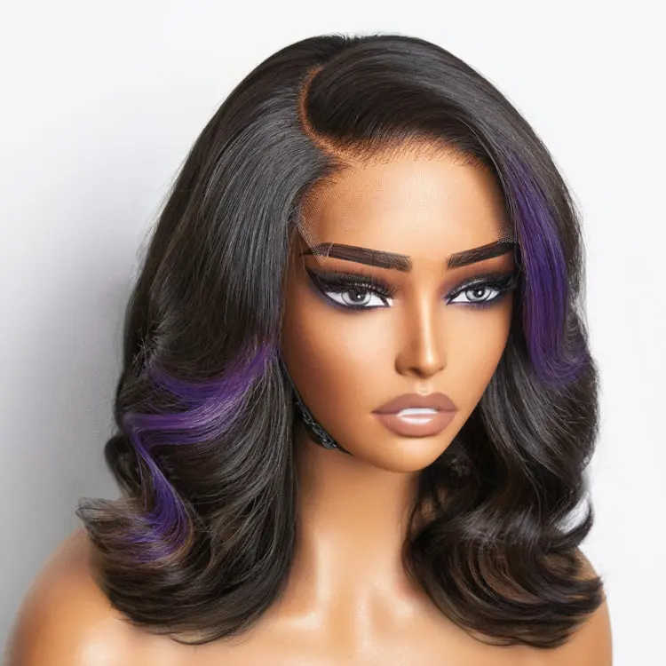 purple highlights loose wave 5x5 closure wig with HD lace, styled on a large and small cap size.