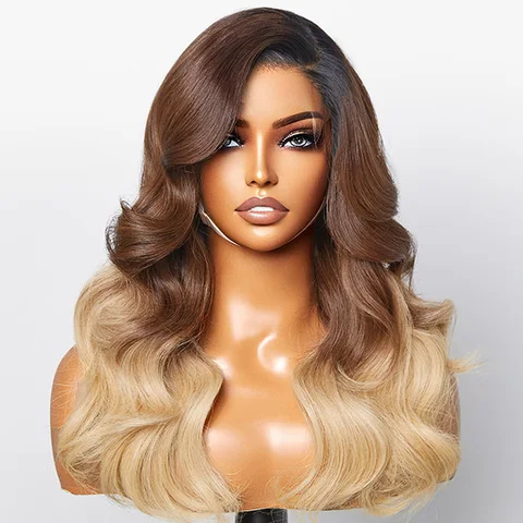 Brown blonde ombre body wave 5x5 HD lace glueless side part wig made of 100% human hair from .