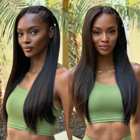 PreMax 13x4 frontal wig with natural black straight braids, 200% density, HD lace, long style, side part, US only